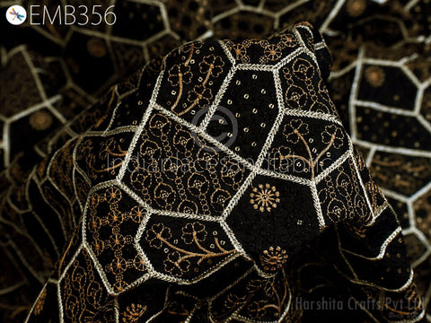 Black, Golden Zari Embroidery on Black Dupioni Fabric, Drapes fabric ,  Designer dress fabric