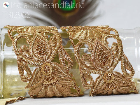 Zardozi Gold Floral Trim by the Yard | 3 Inch Indian Saree Border Decorative Handcrafted Wedding Lace Costume Embellishment Sari Trim Ribbon