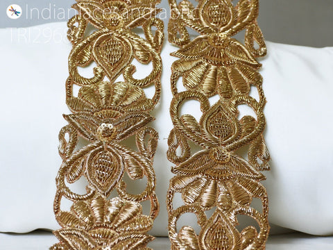 Zardozi Gold Floral Trim by the Yard | 3 Inch Indian Saree Border Decorative Handcrafted Wedding Lace Costume Embellishment Sari Trim Ribbon