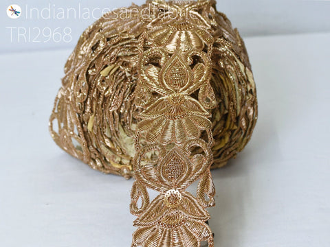 Zardozi Gold Floral Trim by the Yard | 3 Inch Indian Saree Border Decorative Handcrafted Wedding Lace Costume Embellishment Sari Trim Ribbon