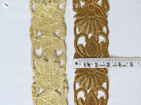 Zardozi Gold Floral Trim by the Yard | 3 Inch Indian Saree Border Decorative Handcrafted Wedding Lace Costume Embellishment Sari Trim Ribbon