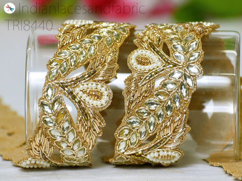 Kundan Zardosi Gold Trim, Beaded sari ribbon, trim for dupatta, Decorative dresses trim, dress lace,  Wedding sari ribbon