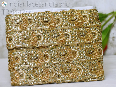 Kundan Zardosi Gold Trim by the Yard | DIY Crafting Indian Embellishments Bridal Belt Sash for Wedding Dresses Sari Decorative Saree Border