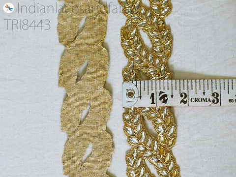 Kundan Zardosi Gold Trim, Beaded sari ribbon, embellishment borders, bridal dresses tape, bridal sequins trim, 1.5 inch borders
