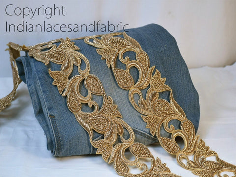Zardozi Trim By The Yard Handmade Gold Indian Sari Border, Festive ribbon, Exclusive tape, Floral pattern trim