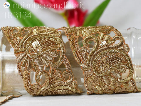 Zardozi Gold Paisley Trim by the Yard Handcrafted Embellishment Indian Saree Border Decorative Lehenga Purse Clutches Christmas DIY Crafting