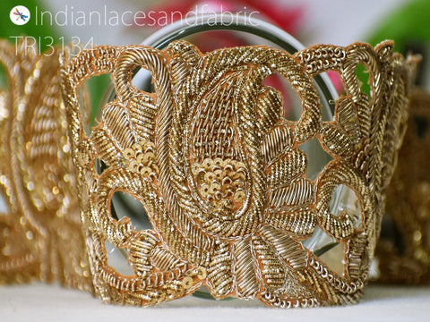 Zardozi Gold Paisley Trim by the Yard Handcrafted Embellishment Indian Saree Border Decorative Lehenga Purse Clutches Christmas DIY Crafting