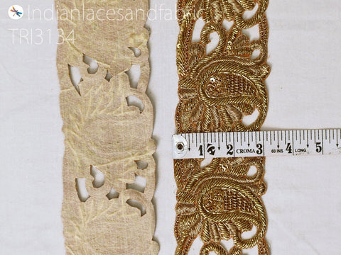 Zardozi Gold Paisley Trim by the Yard Handcrafted Embellishment Indian Saree Border Decorative Lehenga Purse Clutches Christmas DIY Crafting, 3 inches.