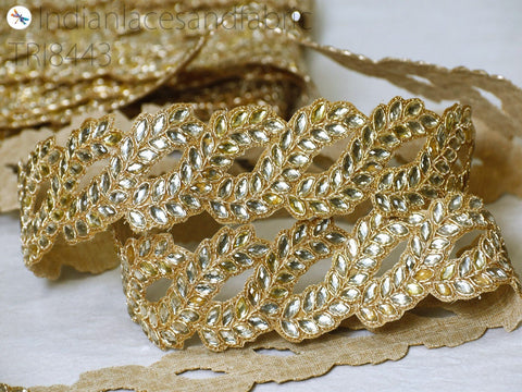 Kundan Zardosi Gold Trim by the Yard DIY Crafting Embellishments Bridal Belt Sash for Wedding Dress Sari Indian Decorative Saree Border