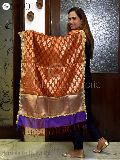 Ethnic Motifs Woven Design Dupatta with Zari, Rust Brown Brocade Long Dupatta 2.5 Meter, Handmade Brocade Scarves