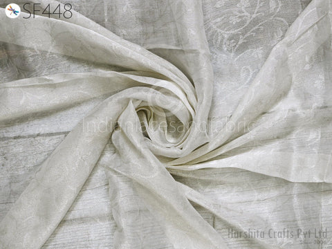 Silver Silk Tissue Embossed Georgette Fabric by the yard, Pure Silk For Hair Bands, Clothing Accessories Silk