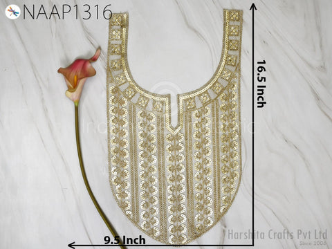 Gota Patti Work Lace,Sequins Patches, Handcrafted gold sequin neck patch for wedding dress, 16.5″ × 9.5″, front view on mannequin