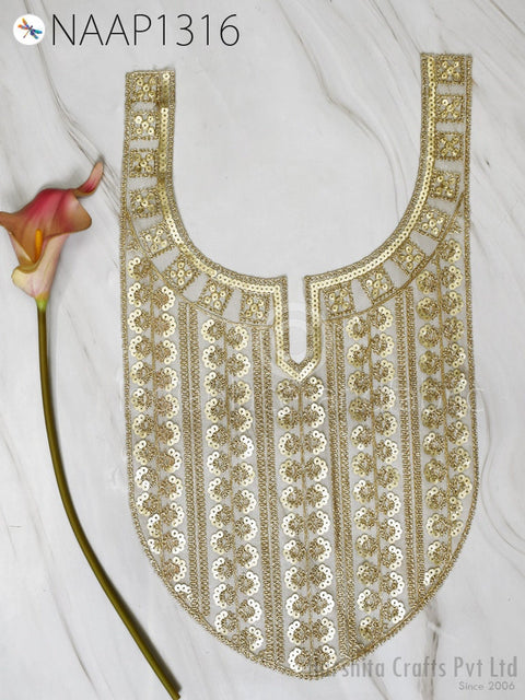 Gota Patti Gold Neck Patches, Handcrafted Beaded Patches, bridal dresses Patches,  Wedding Dresses neckline, Zardosi Gold Patch, 16.5 Inch X Width 9.5 Inches