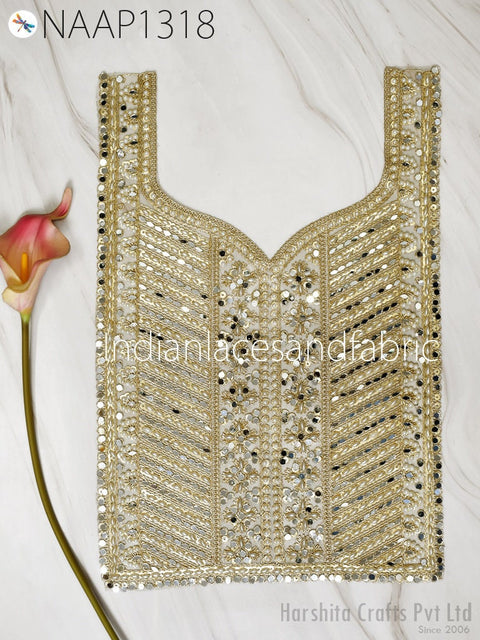 Metallic thread embroidered Neckline Patches, Zardosi Work Neckline Patch, Handcrafted Applique, Zardozi Applique, Silver Applique, Bridal Applique,