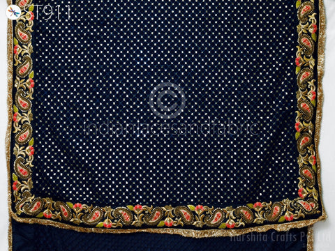 Navy Blue Georgette Dupatta with hand bead work and Gota Kiran work 2.5 Yard, Bridal Georgette Dupatta Navy Blue Heavy Chunni