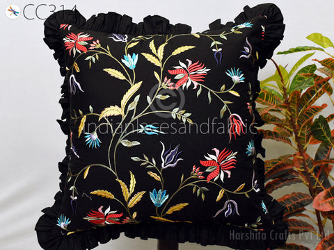 Black Embroidered Frill Square Pillow | Throw Cushion Cover Handmade | Premium Modern Blush Floral Embroidery | Decorative Home Decor | Pillowcase House Warming Bridal Shower Wedding