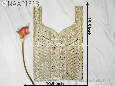 Gota Patti Gold Neck Patches for Wedding Dress Neckline Patch Handmade Indian Clothing Accessoies Crafting Collar Applique
pearl & mirror gold neck applique in 16.5 × 9.5 in size.