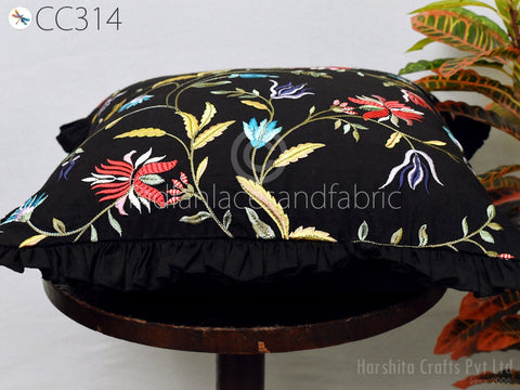 Black Embroidered Frill Throw Pillow Cushion Cover