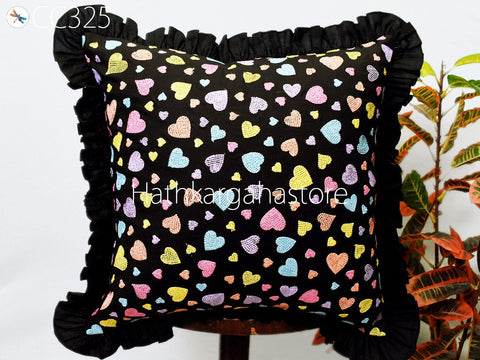 Black Embroidered Frill Throw Pillow Cushion Cover Handmade Decorative Embroidery Cushion Cover