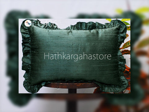 Tarrytown Green Silk Lumbar Throw Pillow Dupioni Silk Frill Silk Pillowcase Cushion Cover Handmade Decorative Home Decor House Warming Gift