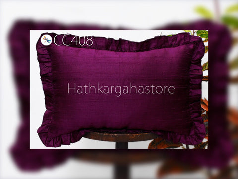 Plum Silk Lumbar Throw Pillow Dupioni Frill Silk Pillowcase Rectangle 12X 26 Cushion Cover Handmade Decorative Home Decor House Warming Gift
