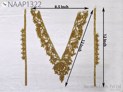 Beaded Sequins embroidered Neckline Patches, Zardosi Gold Patch, Zardosi Gold Collar Sequins Appliques,  Floral Design Appliques,12 X 8.5 Inches Applique,