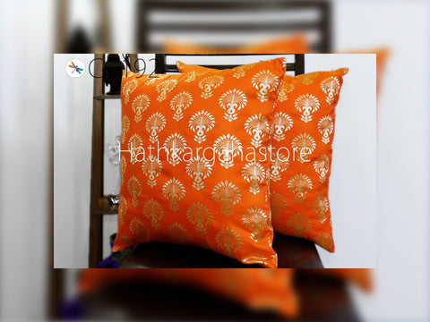 Orange Pillow Cover Brocade Silk Handmade Lumbar Pillowcases Sham Decorative Cushion Home Decor House Warming Bridal Shower Wedding Gifts