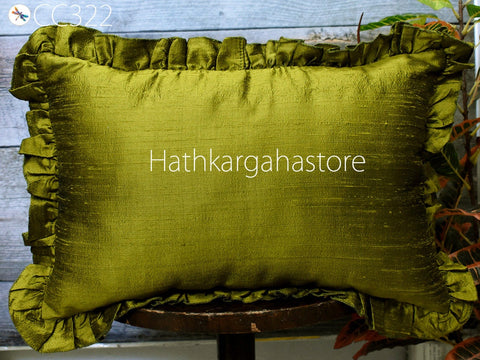 Olive Green Throw Pillow Dupioni Pure Silk Frill Silk Pillowcase Cushion Cover Handmade Decorative Home Decor House Warming Wedding Gift