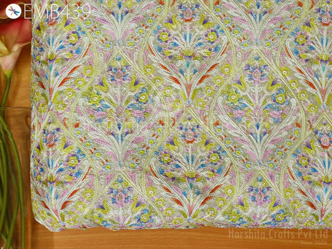 Ivory Embroidered Georgette Fabric by Yard, Sequins Fabric, Chickankari Sequins Fabric, Chickankari Lehnga Fabric