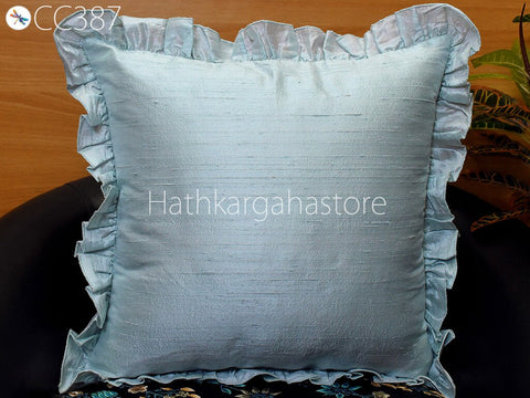 Powder Blue Dupioni Frill Throw Pillow Pure Silk Pillowcase Sham Handmade Cushion Cover Decorative Home Decor House Warming Wedding Gift