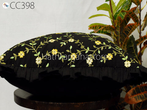 Black Embroidered Frill Throw Pillow Cushion Cover Handmade Decorative Embroidery Cushion Cover