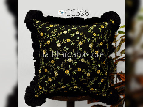 Black Embroidered Frill Throw Pillow Cotton Cushion Cover Embroidery Decorative Home Decor Pillowcase