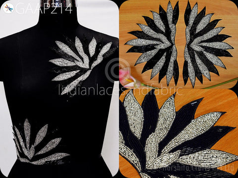 Silver and Black Beads Appliques, Handcrafted Patch Embroidered Sew on Denim Jackets Shirts Patches