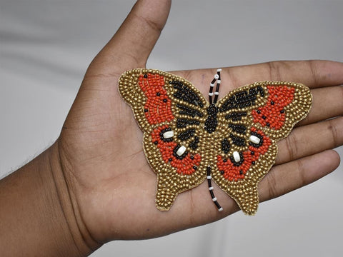 2 Red Butterfly Beaded Patches Applique Handmade Embroidered Indian Sewing Applique Dress DIY Crafting Handcrafted Cushion Bags Denim Jacket