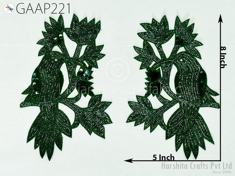 Pair of beaded floral neckline appliques, gold and colored beads with sequins, 8″ × 5″ each