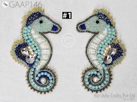 1 Pair Sea Horse Beaded Patches Appliques Dresses Embroidered Indian Decorative Handmade Sewing DIY Crafting Sewing Accessories Home Décor