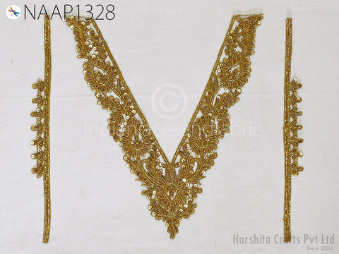 Metallic thread embroidered Neckline with Sleeves Patches, Zardosi Work Neckline Patch, Handcrafted Applique, Zardozi Applique, Gold Applique, Bridal Applique