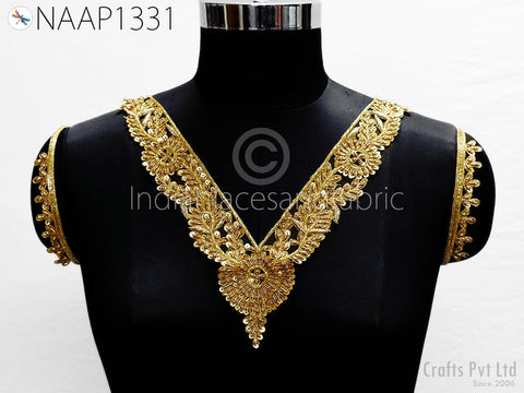 Gold Sequins Neckline with Sleeves Decorative Patch, Zardosi Neck Patches, Handcrafted Beads Embroidery Applique