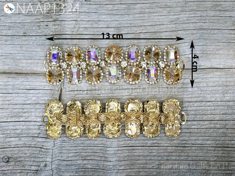 1 Pair Rhinestone Applique 13 x 4 cm | DIY Crystal Hair Clip Comb Shoe | Headpieces Patches Bridal Indian Wedding Decorative Golden Craft