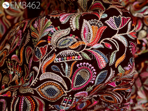 Multicolor embroidery on Maroon Viscose Velvet Fabric, Brides Maid Dress Fabric, Evening Gowns Fabric