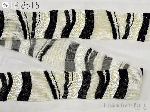 Black and Ivory Beads, beaded saree lace, decorative sari lace, wedding gown trim, sewing crafting trim, home decor trim