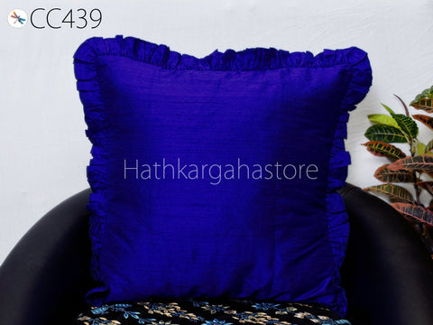 Throw Pillow Royal Blue Dupioni Frill Pure Silk Square Pillowcase Euro Sham 26x26 Cushion Cover Home Decor House Warming Wedding Gift