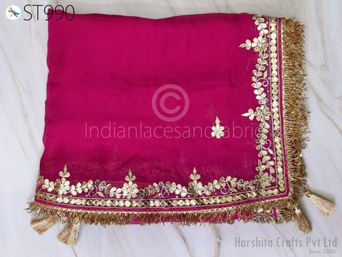 Magenta and Gold Embroidery Pure Chiffon, Gotta Patti Dupatta, Wedding Dupatta Chiffon Long Embroidered Chunni