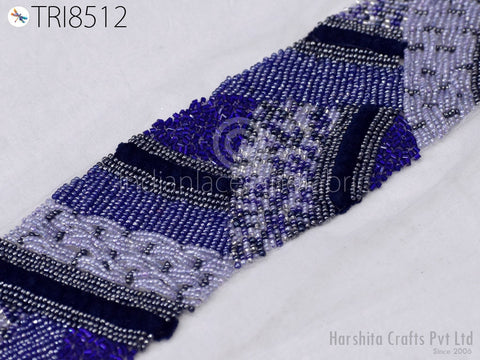 Blue Beaded Trim By The Yard, Trims For Blouses, Dresses beaded ribbon, beaded exclusive trim, decorative sari ribbon, decorated costume ribbon