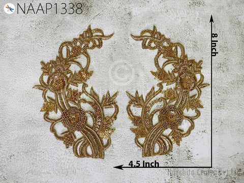 1 Pair Handmade Neckline Patches Zardosi Gold Neck Patch Decorative Neck Handcrafted Zardozi Wedding Party Dresses Costumes Size: Length 8 Inch X Width 4.5 Inches