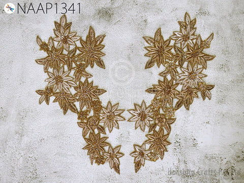 Handcrafted Zardosi Gold Neck Patches Crafting Neckline Indian Decorated Sequins Zari Work Embroidered Decorative Patches Sewing Accessories
