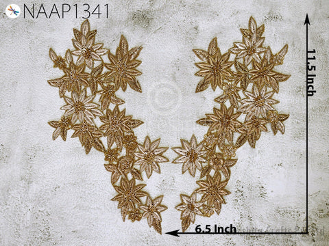 Handcrafted Zardosi Gold Neck Patches Crafting Neckline Indian Decorated Sequins Zari Work Embroidered Decorative Patches Sewing Accessories