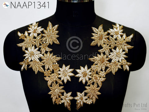 Handcrafted Zardosi Gold Neck Patches Crafting Neckline Indian Decorated Sequins Zari Work Embroidered Decorative Patches Sewing Accessories