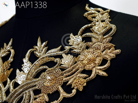 1 Pair Handmade Neckline Patches Zardosi Gold Neck Patch Decorative Neck Handcrafted Zardozi Wedding Party Dresses Costumes