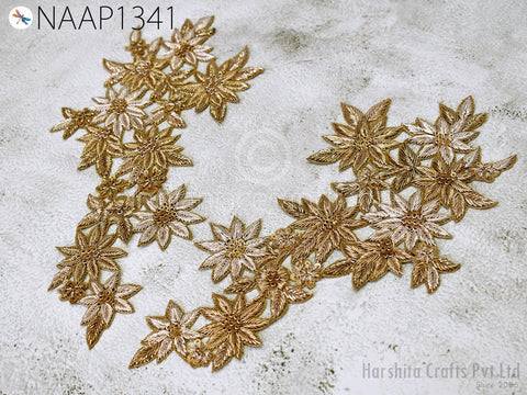 Handcrafted Zardosi Gold Neck Patches Crafting Neckline Indian Decorated Sequins Zari Work Embroidered Decorative Patches Sewing Accessories